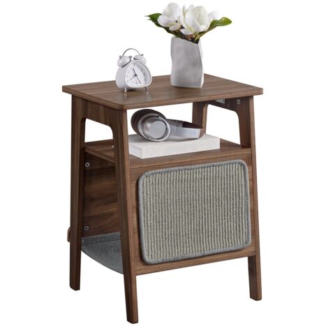 Homevive Mesita Auxiliar de Madera con Casa para Gatos Tablero Rascador Mueble de Almacenamiento para Salón Dormitorio Balcón Marrón Nogal