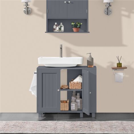 Homevive Armario bajo Lavabo con Dos Puertas Estantes Ajustables Mueble de Baño con Almacenamiento Lateral Abierto Ganchos Gris Oscuro