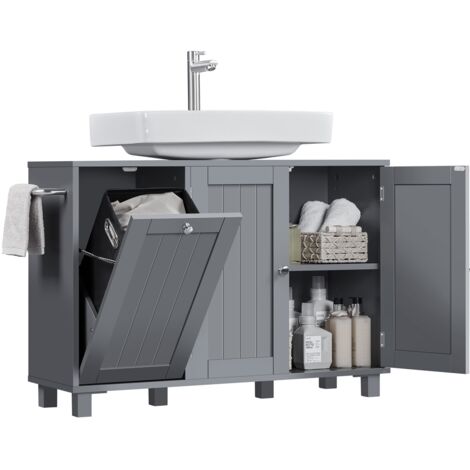 Homevive Armario Bajo Lavabo con Cestos de Ropa Sucia Mueble de Baño con Puertas Estantes Ajustables Gris Oscuro