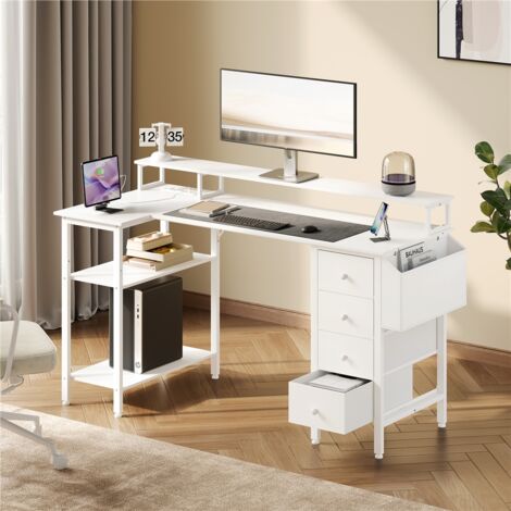 Homevive Escritorio de Ordenador en Forma L con 4 Cajones Mesa Escritorio de Computadora con Soporte para Monitor 2 Enchufes y 2 Puertos USB para Oficina Blanco 140 × 68 cm