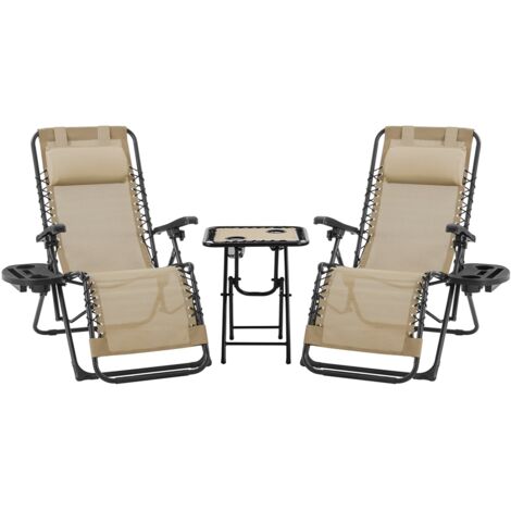 Homevive 2 Tumbonas Reclinables Plegables con Mesa Auxiliar Juego de 3 Sillones de Gravedad Cero y Mesa Auxiliar con Portavasos Reposacabezas Beige