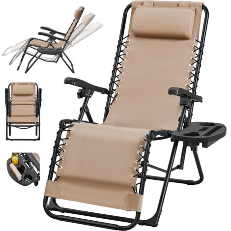 Homevive Silla Plegable de Gravedad Cero Tumbona Reclinable para Exterior con Reposacabezas Portavasos Beige