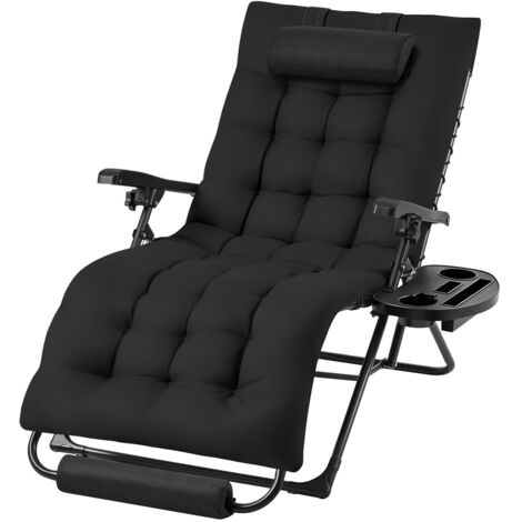 Homevive Silla Plegable de Gravedad Cero con Cojín Grueso Tumbona Reclinable con Reposacabezas Portavasos Negro