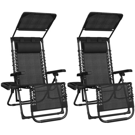 Homevive Silla Reclinable de Gravedad Cero con Toldo Tumbona Plegable de Camping con Reposacabezas Portavasos Negro