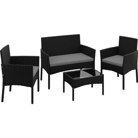 Homevive Juego de 4 Piezas Muebles de Jardín de Ratán 1 Sofá 2 Sillones con Cojines y 1 Mesa de Vidrio para Patio Terraza Negro/Gris Claro