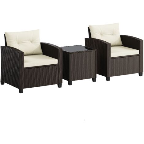 Homevive Juego de Muebles de Jardín de Ratán de 3 Piezas Mesa de Vidrio y 2 Sillas de Ratán para Balcón Terraza Marrón/Beige