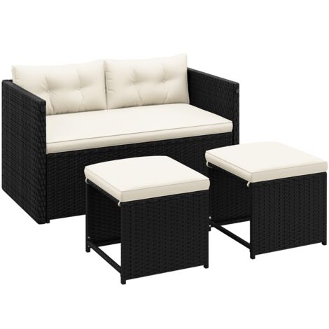 Homevive Conjunto de 4 Piezas Muebles de Jardín de Ratán 1 Mesa de Comedor 1 Banco y 2 Taburetes Negro/Beige (1/5)
