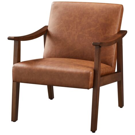 Homevive Butaca de Salón Tapizado en Polipiel Sillón Individual con Respaldo Acolchado Patas de Madera Maciza Capacidad de 136 kg, Marrón