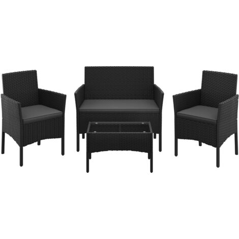 Homevive Conjunto de Conversación de 4 Piezas Muebles de Ratán de Jardín, Sofá de 2 Plazas, 2 Sillones con Cojines y 1 Mesa de Tablero de Vidrio, para Patio Terraza, Negro/Gris (1/5)