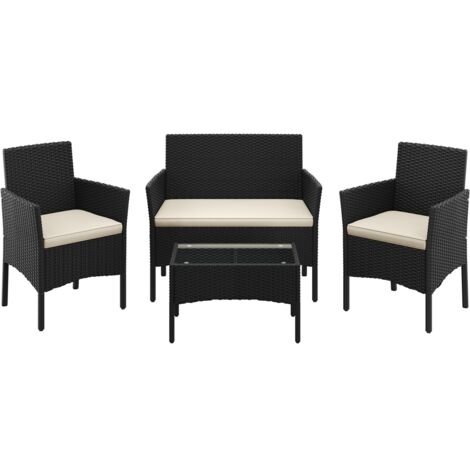 Homevive Conjunto de Conversación de 4 Piezas Muebles de Ratán de Jardín, Sofá de 2 Plazas, 2 Sillones con Cojines y 1 Mesa de Tablero de Vidrio, para Patio Terraza, Negro/Beige (1/5)