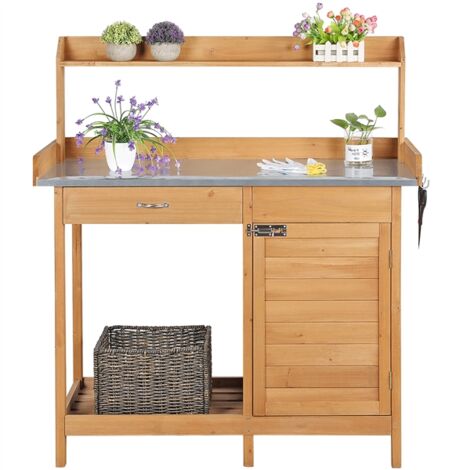 Homevive Mesa de Trabajo Jardín 112 x 46cm Altura 125 cm Mesa Cultivo Jardinería para Terraza Balcón con Cajón y Gabinete y 3 Ganchos y Encimera Galvanizada Mesa Germinación Color Madera Natural