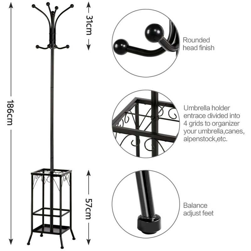 Appendiabiti Da Terra Yaheetech - Con 8 Ganci E Portaombrelli, Nero, 186 Cm - Foto 5