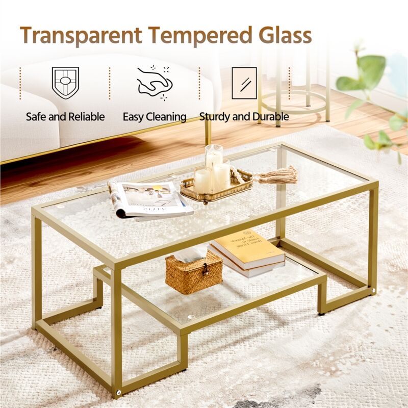 Tavolino Da Caffè In Vetro Temperato - 106x50x45 Cm - 2 Ripiani - Struttura Metallo - Dorato - Foto 7