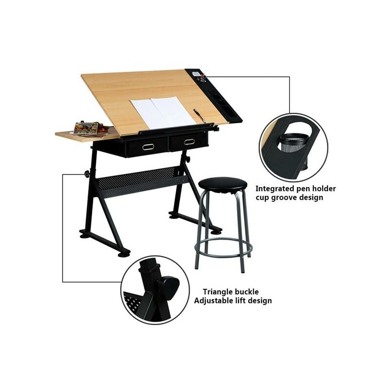 Tavolo Da Disegno Yaheetech Regolabile Con Sgabello - Scrivania Per Artisti, Ingegneri, 2 Cassetti, Nero - Foto 4