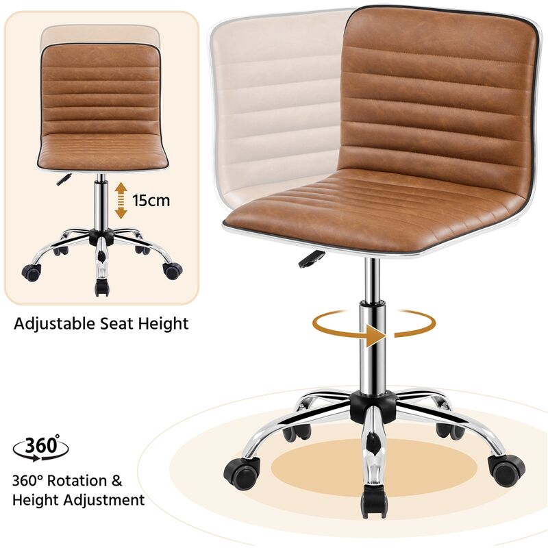 Yaheetech Sedia Ufficio da Scrivania a Rotelle Girevole Sedia Ergonomica Imbottita Moderna da Camera da Letto Studio in Ecopelle Acciaio Altezza Regolabile Marrone