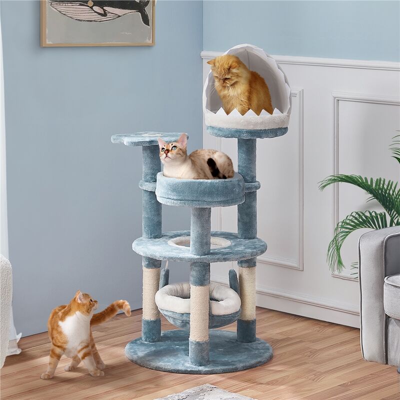Yaheetech Albero Tiragraffi Per Gatti 155 Cm Cuccia A Forma Di Squalo Posatoio Amaca Corda Di Sisal Naturale Stile Oceano Gioco Blu Bianco 77793069