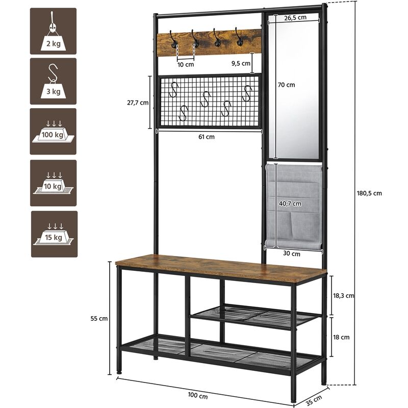 Yaheetech Stand Appendiabiti Attaccappani con Panca Scarpiera da Ingresso  in Legno e Metallo con Specchio e Borsa Porta Oggetti Mobile Autoportante Portabiti  da Entrata e Ganci Marrone Rustico