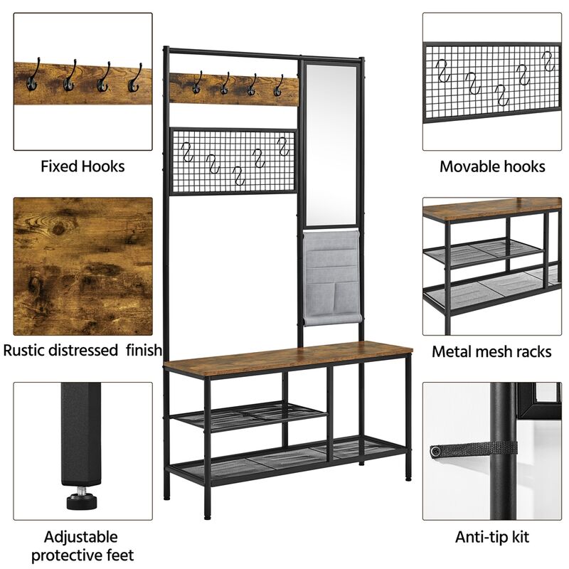 Yaheetech Stand Appendiabiti Attaccappani con Panca Scarpiera da Ingresso  in Legno e Metallo con Specchio e Borsa Porta Oggetti Mobile Autoportante Portabiti  da Entrata e Ganci Marrone Rustico