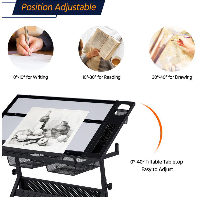 Tavolo Da Disegno Inclinabile Yaheetech - Con Piano In Vetro E Cassetti, Altezza Regolabile - Foto 8