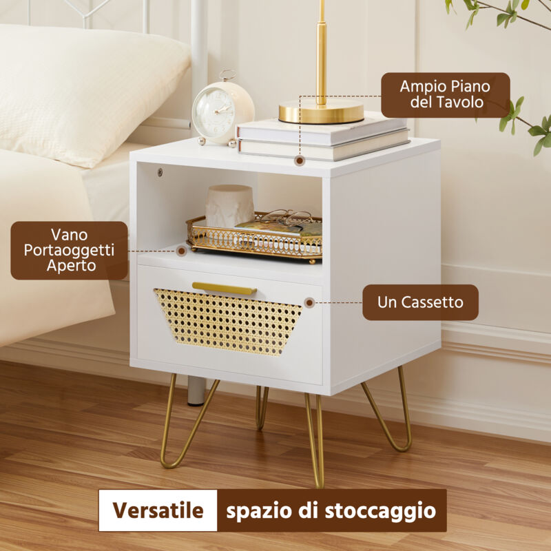 Yaheetech Comodino In Rattan Con 2 Cassetti – MDF Chiaro 40x40x55 Cm, Gambe In Metallo, Stile Shabby Chic Per Camera Da Letto