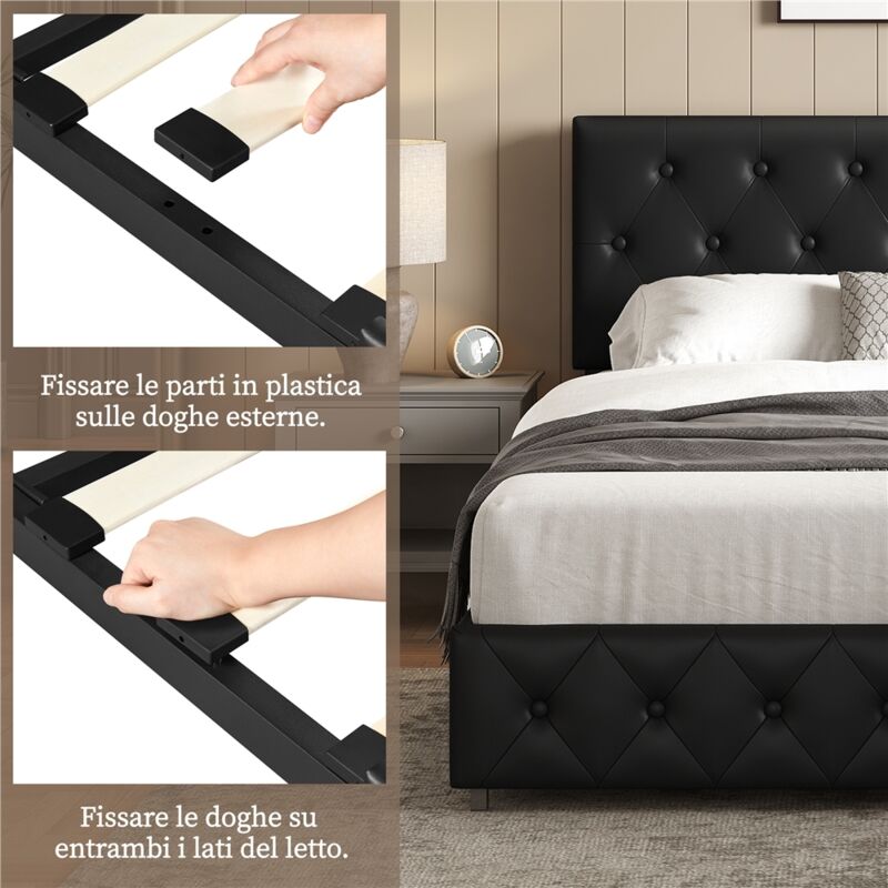 Letto Matrimoniale Yaheetech 140x200cm - Testiera Imbottita In Velluto, Struttura Legno E Metallo Grigio - Foto 6
