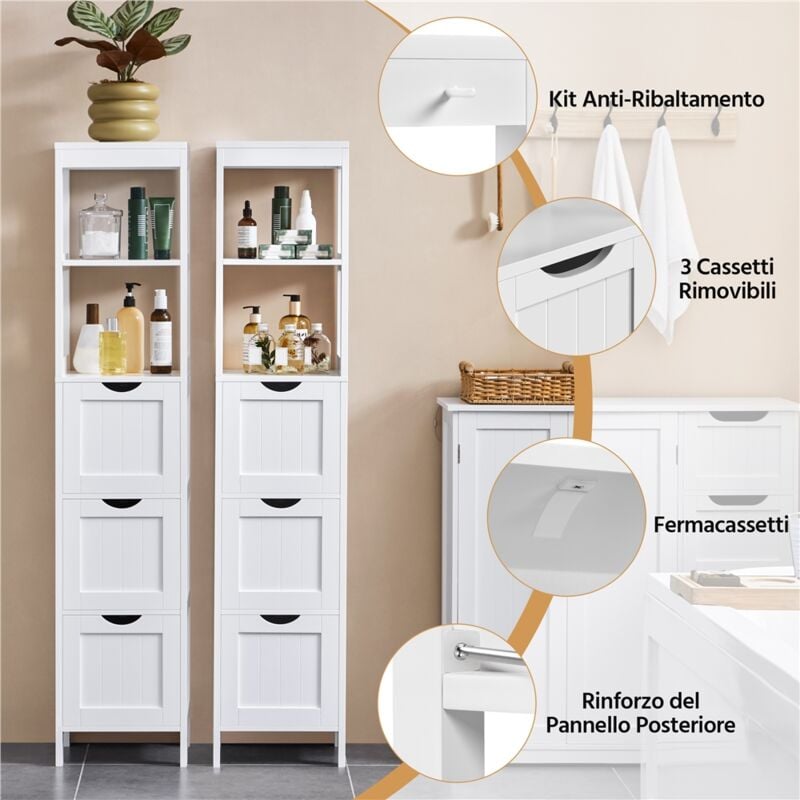 Mobiletto Bagno Yaheetech - 30x30x142 Cm | Con 3 Cassetti E 2 Ripiani | Salvaspazio E Moderno - Foto 8