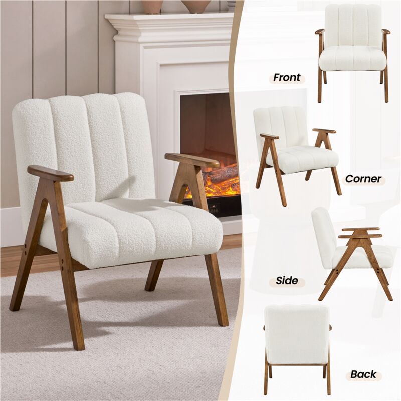 Arredamento Soggiorno Poltrona Salotto Yaheetech In Tessuto Bouclé - Moderna Con Gambe Legno, Imbottita, Bianco Poltrona Moderna Per Angolo Lettura - 6