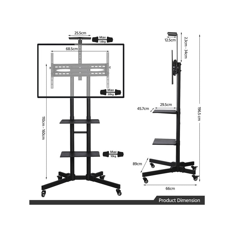 Yaheetech Supporto Carrello TV da 32 a 65 Pollici da Pavimento con Ruote  Mobile Porta TV Schermo Industriale VESA da 100 x 100 mm a 600 x 400 mm 3  Ripiani Altezza Regolabile Gestione di Cavi Nero