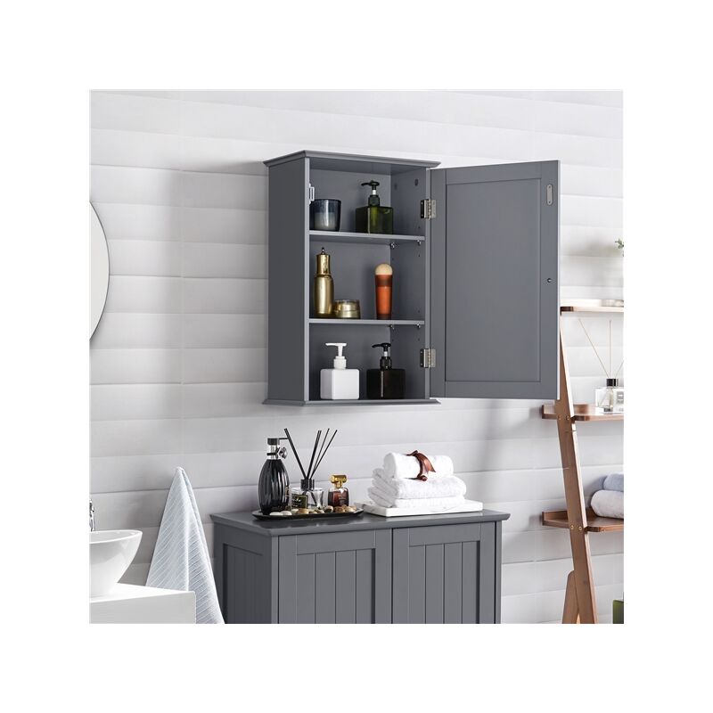 Armadietto Con Specchio Per Bagno - Pensile 2 Ante, Ripiano Regolabile, Legno Grigio 56x13x58 Cm - Foto 2