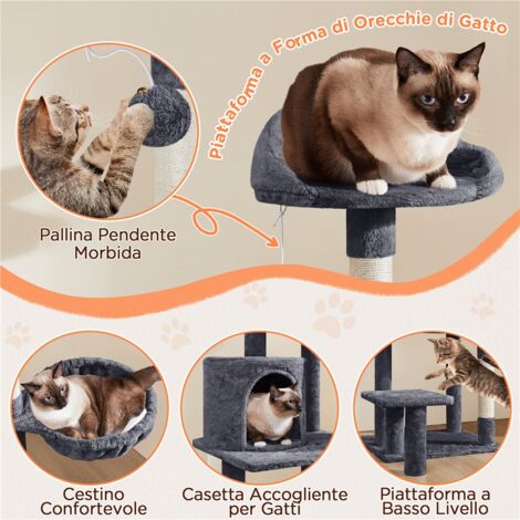 Tiragraffi Per Gatti 145 Cm – Albero Multistrato Con 5 Piattaforme, 7 Colonne In Sisal, Grotta E Pallina Sospesa (Grigio)