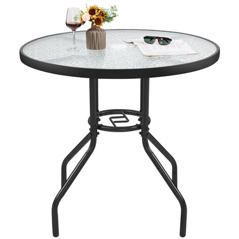 Yaheetech Tavolo da  Giardino Rotondo in vetro Ø 80 cm con Piano in Vetro per Balcone Terrazza Nero