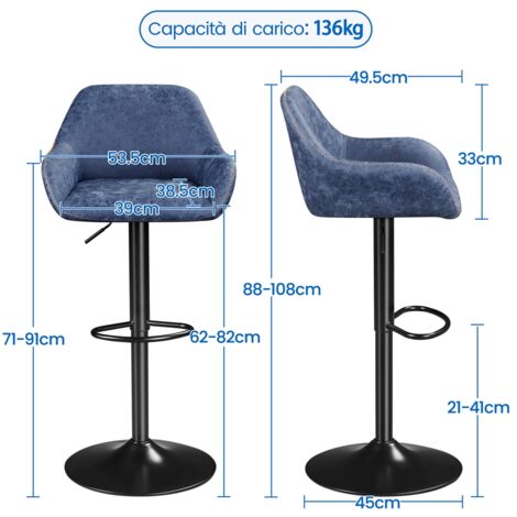 Yaheetech Set 2 Sgabelli Da Bar Con Schienale - Altezza Regolabile, Poggiapiedi, Portata 136 Kg - Foto 4