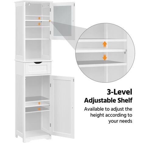 Yaheetech Armadietto da Terra con Ripiani Regolabili Armadio da Bagno Mobile Autoportante in Vetro Mobiletto per Cucina Soggiorno Bianco