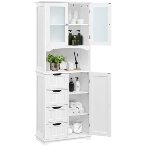 Yaheetech Armadietto da Bagno con 4 Cassetti Armadietto a Terra in Legno con Porte in Vetro Ripiani Regolabili in Altezza per Soggiorno Camera da Letto Corridoio Bianco