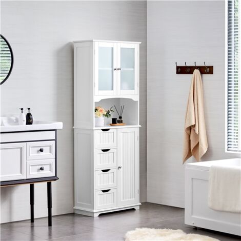 Yaheetech Armadietto da Bagno con 4 Cassetti Armadietto a Terra in Legno con Porte in Vetro Ripiani Regolabili in Altezza per Soggiorno Camera da Letto Corridoio Bianco