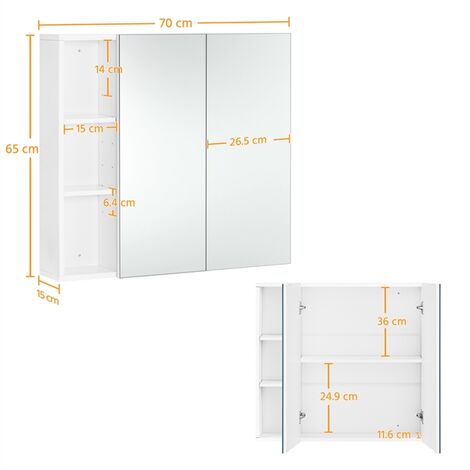 Yaheetech Armadietto a Specchio da Bagno Specchiera Moderna Mobilettto da Parete a 3 Riapiani Regolabili 70,5 x 60,5 x 15 cm Bianco