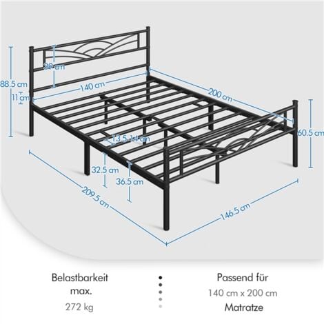 Yaheetech Struttura Letto in Ferro con Spazio Aggiuntivo per Camera da Letto Ospiti Soggiorno Matrimoniale 140 x 200 cm Nero