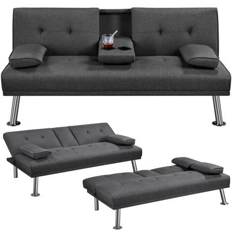 Yaheetech Divano Letto con 2 Braccioli Staccabili Divano Trasformabile Mobile Imbottito a 3 Posti Divanetto Reclinabile da Salotto con Supporto Centrale Porta Bicchieri Grigio Scuro/Tessuto