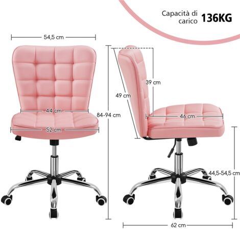 HOMCOM Sedia Da Ufficio In Pelle PU Rosa – Senza Braccioli, Girevole, Altezza Regolabile, Per Computer E Vanity