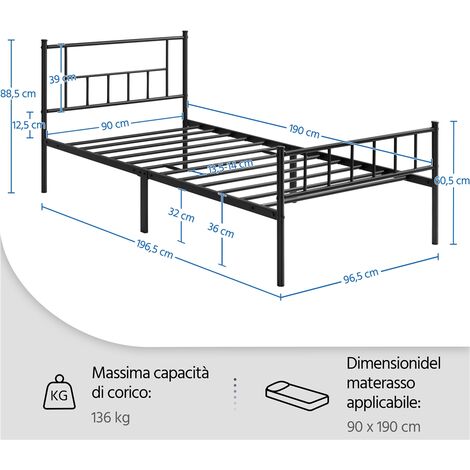 Yaheetech Rete Letto Singolo in Metallo 90 x 190 cm Montaggio