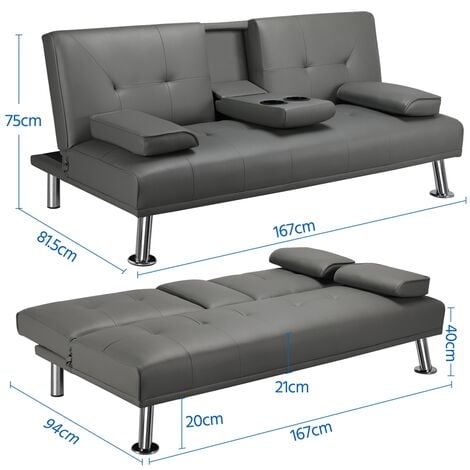 Yaheetech Divano Letto con 2 Cuscini Mobile Divano Convertibile in Letto 167 × 81,5 × 75 cm da Soggiorno Grigio/Pelle