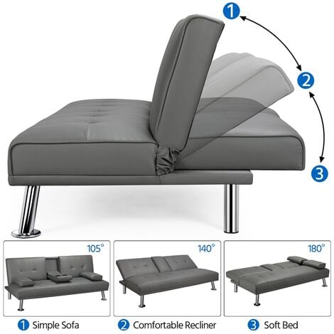 Yaheetech Divano Letto con 2 Cuscini Mobile Divano Convertibile in Letto 167 × 81,5 × 75 cm da Soggiorno Grigio/Pelle