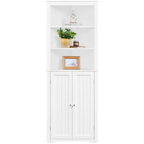 Yaheetech Mobile da Bagno Armadietto a Colonna Alto d'Angolo 163 x 60 x 43 cm Mobiletto Cucina Autoportante con 3 Ripiani Aperti in Legno Armadio Triangolo Moderno Multiuso da Terra Bianco