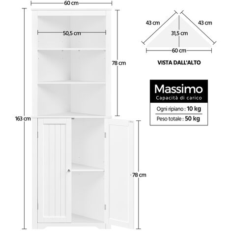 Yaheetech Mobile da Bagno Armadietto a Colonna Alto d'Angolo 163 x 60 x 43 cm Mobiletto Cucina Autoportante con 3 Ripiani Aperti in Legno Armadio Triangolo Moderno Multiuso da Terra Bianco