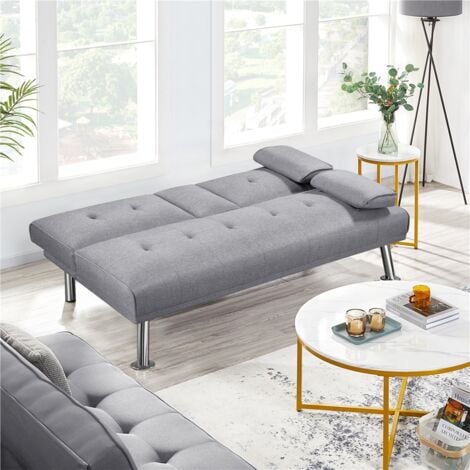 Yaheetech Divano Letto con 2 Braccioli Staccabili Divano Trasformabile Mobile Imbottito a 3 Posti Divanetto Reclinabile da Salotto con Supporto Centrale Porta Bicchieri Grigio Chiaro/Tessuto