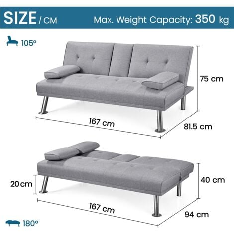 Yaheetech Divano Letto con 2 Braccioli Staccabili Divano Trasformabile Mobile Imbottito a 3 Posti Divanetto Reclinabile da Salotto con Supporto Centrale Porta Bicchieri Grigio Chiaro/Tessuto