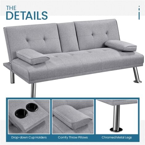 Yaheetech Divano Letto con 2 Braccioli Staccabili Divano Trasformabile Mobile Imbottito a 3 Posti Divanetto Reclinabile da Salotto con Supporto Centrale Porta Bicchieri Grigio Chiaro/Tessuto