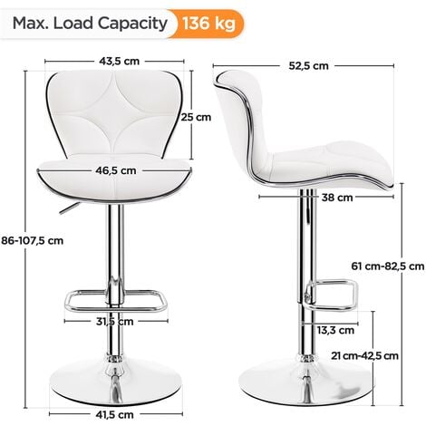 Yaheetech Set 2 Sgabelli Bar Alti Cucina Moderni Design Altezza Regolabile in Similpelle con Schienale a Conchiglia Poggiapiedi Girevole 360° da Penisola Bianchi