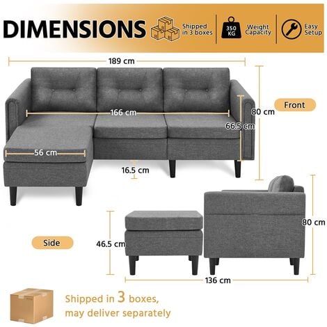 Yaheetech Divano ad Angolo 3 Posti Divano Angolare in Tessuto 189 × 136 × 80 cm Chaise Longue a Forma di L con Poggiapiedi Rimovibile per Salotto Soggiorno Divano a Sinistra/Destra Grigio Chiaro