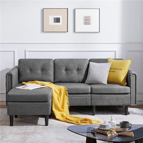 Yaheetech Divano ad Angolo 3 Posti Divano Angolare in Tessuto 189 × 136 × 80 cm Chaise Longue a Forma di L con Poggiapiedi Rimovibile per Salotto Soggiorno Divano a Sinistra/Destra Grigio Chiaro